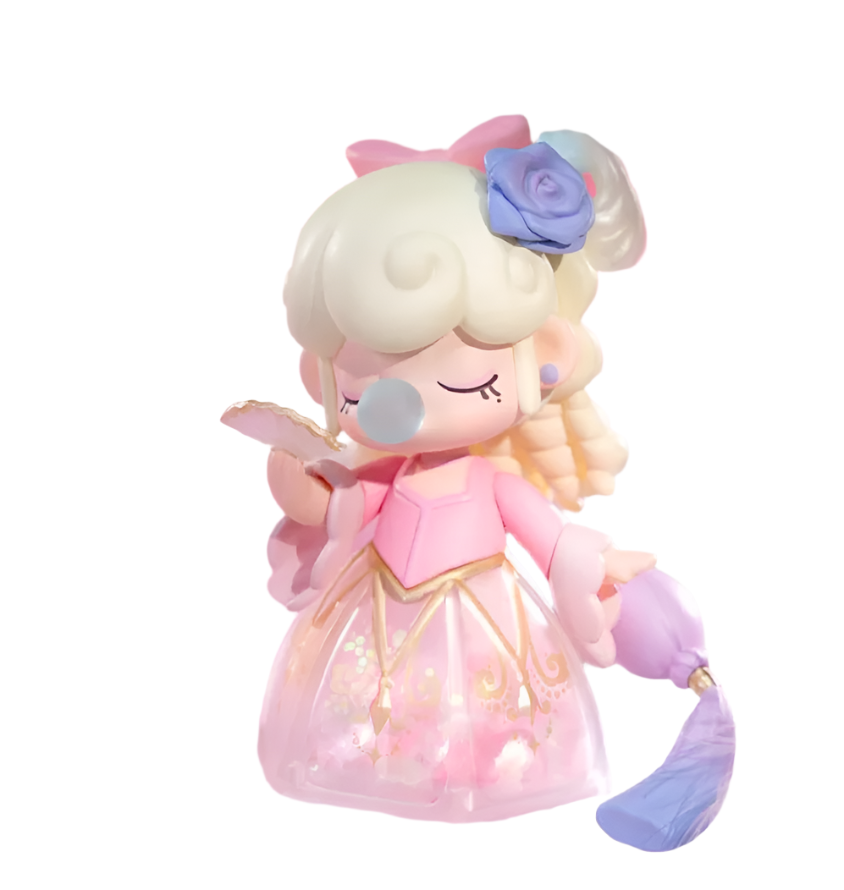 Cute figurine with pastel colors and floral accessory against a soft pink background