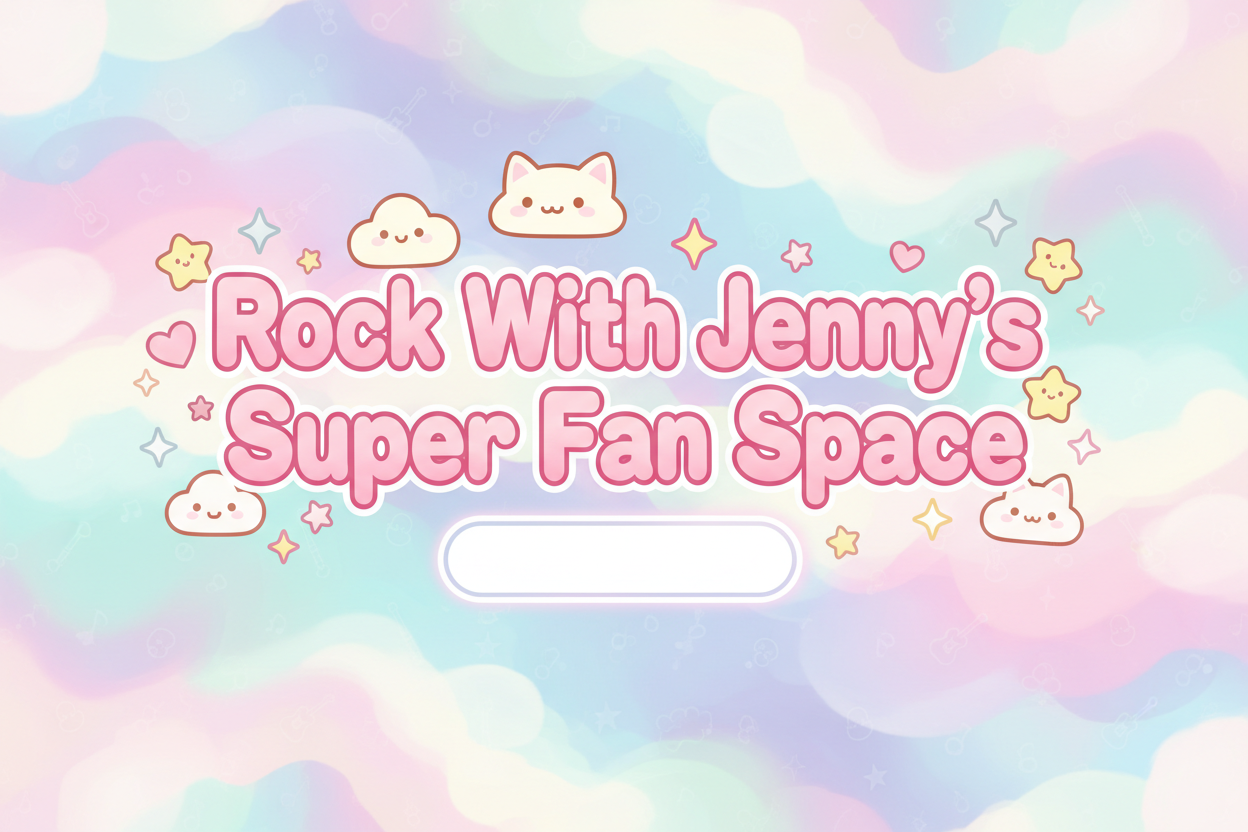 create kawaii image that says Rock With Jenny's Super Fan Space That is a frame to be a hero banner image that will have a block of text over it on shopify.